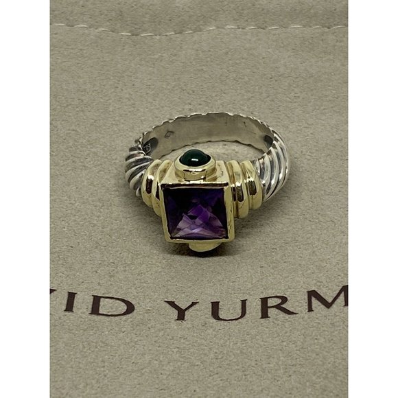 David Yurman 925 14K Gold Renaissance Cable Ring Amethyst Green Onyx Sz 7.75 - Picture 1 of 8